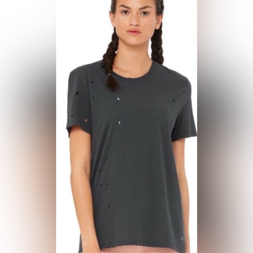 ALO Yoga Distressed Gray Tee Shirt Short Sleeve Cotton Size XS